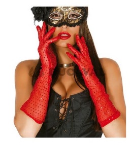 GUANTES LARGOS ROJOS CON LUNARES ROJOS
