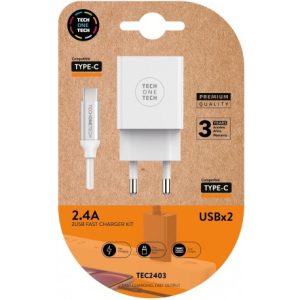 CARGADOR DOBLE + CABLE TYPE C BLANCO 2,4A ALTO RENDIMIENTO
