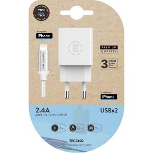 TEC2402 CARGADOR DOBLE BLANCO+CABLE BRAIDED NYLON APPLE ALTO RENDIMIENTO 2,4A