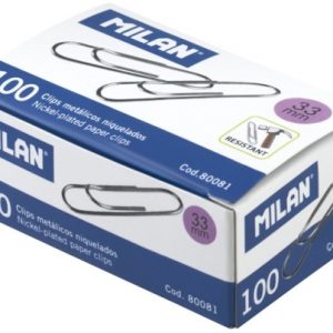 CAJA 100 CLIPS METÁLICOS NIQUELADOS 33MM MILAN