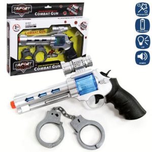 PISTOLA EN CAJA CON LUCES Y SONIDO + ESPOSAS