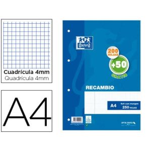 RECAMBIO A4 200+50H 4 TALADROS 90G. CUADRADO 4X4 C/M OXFORD